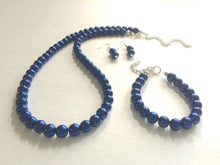 Load image into Gallery viewer, Bridesmaid Jewelry Set - Single Strand Navy Blue Necklace Bracelet & Matching Drop Earrings - Flower Girl - Pearl Jewelry Dark Blue Beaded