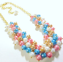 Load image into Gallery viewer, Pink Blue Gold & White 3 Piece Jewelry Set - Necklace, Earrings, Bracelet - Wedding Bridesmaid Personalized Pearl cluster
