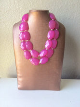 Load image into Gallery viewer, Magenta Jewelry, Dark Pink Double Strand Beaded Statement Necklace, Clear Crystal accents - chunky fuchsia big beaded necklace