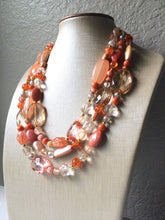Load image into Gallery viewer, Peach and Coral Chunky Statement Necklace - Triple Strand Beaded Jewelry - peach coral jewelry -bridsmaid wedding