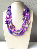 Load image into Gallery viewer, Purple Chunky Statement Necklace & Stretch Bracelet set, Triple Strand Beaded Jewelry, lilac lavendar eggplant jewelry, purple bridesmaid