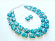 Load image into Gallery viewer, Turquoise Gray Chunky Statement Necklace & Earring Set - Blue Big beaded bib jewelry - Double Strand Statement, teal ash gifts for her