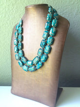 Load image into Gallery viewer, Turquoise Gray Chunky Statement Necklace & Earring Set - Blue Big beaded bib jewelry - Double Strand Statement, teal ash gifts for her