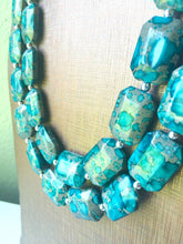 Load image into Gallery viewer, Turquoise Gray Chunky Statement Necklace & Earring Set - Blue Big beaded bib jewelry - Double Strand Statement, teal ash gifts for her