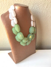 Load image into Gallery viewer, White & Mojito Green Statement Necklace - big Beaded Chunky Jewelry - Double Strand wedding or everyday dress, green necklace, green jewelry