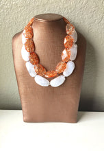 Load image into Gallery viewer, Orange & White Necklace, multi strand jewelry, big beaded chunky statement necklace, orange necklace, bridesmaid necklace, bib necklace