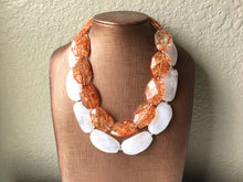 Load image into Gallery viewer, Orange & White Necklace, multi strand jewelry, big beaded chunky statement necklace, orange necklace, bridesmaid necklace, bib necklace