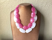 Load image into Gallery viewer, Pink & White Necklace, multi strand jewelry, big beaded chunky statement necklace, pink necklace, bridesmaid necklace, bib necklace, pink
