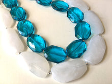 Load image into Gallery viewer, Blue & White Necklace, multi strand jewelry, big beaded chunky statement necklace, teal necklace, bridesmaid necklace, bib necklace, teal