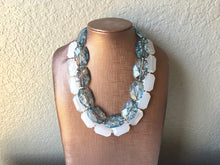 Load image into Gallery viewer, Blue & White Necklace, multi strand jewelry, big beaded chunky statement necklace, blue necklace, bridesmaid necklace, bib necklace, white