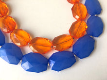 Load image into Gallery viewer, Blue & Orange Necklace, multi strand jewelry, big beaded chunky statement necklace, blue necklace, bridesmaid necklace, bib necklace, orange