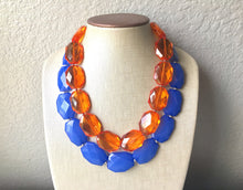 Load image into Gallery viewer, Blue & Orange Necklace, multi strand jewelry, big beaded chunky statement necklace, blue necklace, bridesmaid necklace, bib necklace, orange