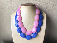 Load image into Gallery viewer, Blue & Pink Necklace, multi strand jewelry, big beaded chunky statement necklace, blue necklace, bridesmaid necklace, gender reveal party