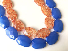 Load image into Gallery viewer, Blue & Orange Necklace, multi strand jewelry, big beaded chunky statement necklace, blue necklace, bridesmaid necklace, bib necklace, orange