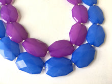 Load image into Gallery viewer, Blue & Purple Necklace, multi strand jewelry, big beaded chunky statement necklace, blue necklace, bridesmaid necklace, bib necklace, purple