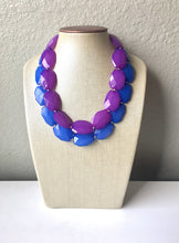 Load image into Gallery viewer, Blue & Purple Necklace, multi strand jewelry, big beaded chunky statement necklace, blue necklace, bridesmaid necklace, bib necklace, purple