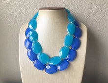 Load image into Gallery viewer, Blue on Blue Necklace, multi strand jewelry, big beaded chunky statement necklace, royal blue necklace, bridesmaid necklace, bib necklace