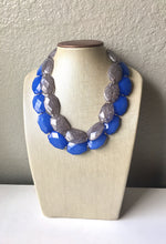 Load image into Gallery viewer, Blue & Gray Necklace, multi strand jewelry, big beaded chunky statement necklace, royal blue necklace, bridesmaid necklace, bib necklace