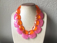 Load image into Gallery viewer, Pink & Orange Necklace, multi strand jewelry, big beaded chunky statement necklace, pink necklace, bridesmaid necklace, orange necklace