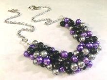 Load image into Gallery viewer, Black, Gray, and Purple Pearl Cluster Necklace, Wedding or Gameday Jewelry, purple and black, purple and gray, purple wedding, purple bride