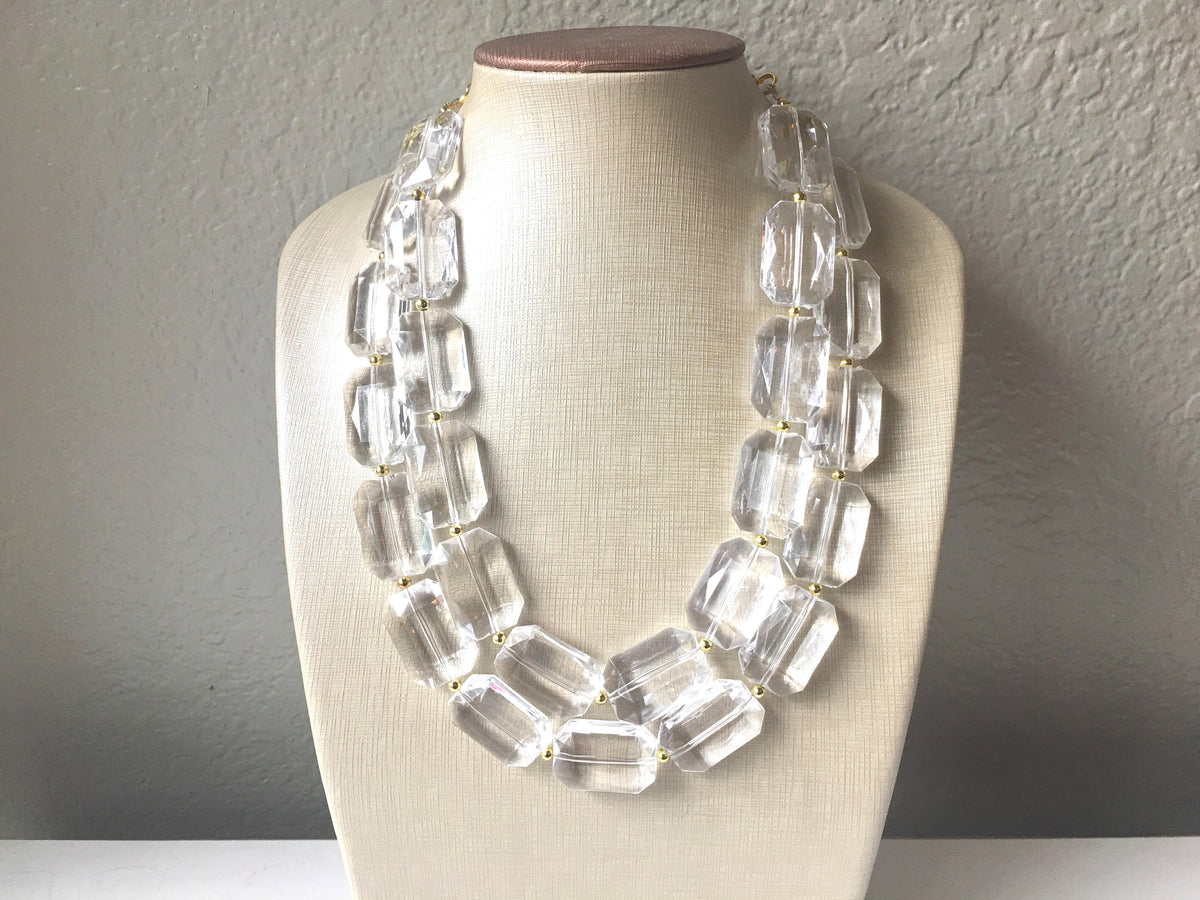 Acrylic Chunky Clear Crystal Statement Necklace Faceted Everyday neut Polka Dot Drawer