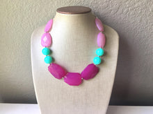 Load image into Gallery viewer, Blush Pink, Magenta & Mint Big Bead Necklace, Double Strand Statement Jewelry, magenta blush mint green Chunky bib, bridesmaid or everyday