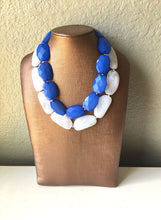 Load image into Gallery viewer, Blue & White Necklace, multi strand jewelry, big beaded chunky statement necklace, blue necklace, bridesmaid necklace, bib necklace, white