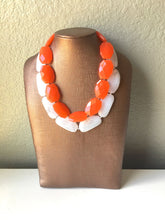 Load image into Gallery viewer, Orange & White Necklace, multi strand jewelry, big beaded chunky statement necklace, orange necklace, bridesmaid necklace, bib necklace