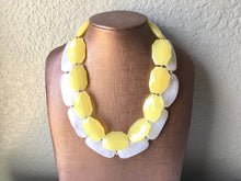 Load image into Gallery viewer, Lemon Yellow & White Necklace, multi strand jewelry, big beaded chunky statement necklace, pink necklace, bridesmaid necklace, bib necklace
