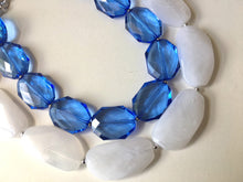 Load image into Gallery viewer, Blue & White Necklace, multi strand jewelry, big beaded chunky statement necklace, blue necklace, bridesmaid necklace, bib necklace, white