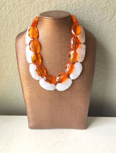 Load image into Gallery viewer, Orange & White Necklace, multi strand jewelry, big beaded chunky statement necklace, orange necklace, bridesmaid necklace, bib necklace