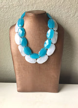 Load image into Gallery viewer, Blue & White Necklace, multi strand jewelry, big beaded chunky statement necklace, blue necklace, bridesmaid necklace, bib necklace, white
