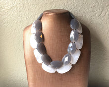 Load image into Gallery viewer, Layered white & gray Necklace, multi strand jewelry, big beaded chunky statement necklace, bridesmaid necklace, bib necklace, gray