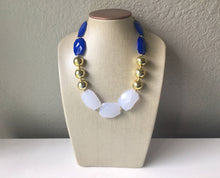 Load image into Gallery viewer, Blue White & Gold Big Bead Necklace, Statement Jewelry, white blue gold Chunky bib, bridesmaids necklace, wedding necklace, bridal necklace