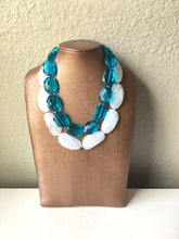 Load image into Gallery viewer, Blue & White Necklace, multi strand jewelry, big beaded chunky statement necklace, teal necklace, bridesmaid necklace, bib necklace, teal