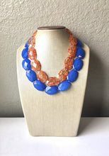 Load image into Gallery viewer, Blue & Orange Necklace, multi strand jewelry, big beaded chunky statement necklace, blue necklace, bridesmaid necklace, bib necklace, orange