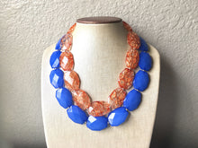 Load image into Gallery viewer, Blue & Orange Necklace, multi strand jewelry, big beaded chunky statement necklace, blue necklace, bridesmaid necklace, bib necklace, orange