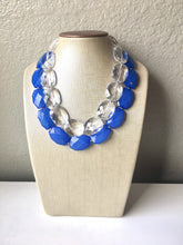 Load image into Gallery viewer, Blue & Clear Necklace, multi strand jewelry, big beaded chunky statement necklace, royal blue necklace, bridesmaid necklace, bib necklace