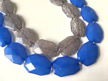 Load image into Gallery viewer, Blue & Gray Necklace, multi strand jewelry, big beaded chunky statement necklace, royal blue necklace, bridesmaid necklace, bib necklace