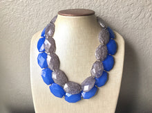 Load image into Gallery viewer, Blue & Gray Necklace, multi strand jewelry, big beaded chunky statement necklace, royal blue necklace, bridesmaid necklace, bib necklace