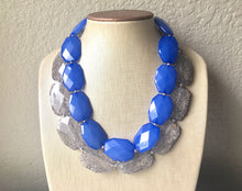 Load image into Gallery viewer, Blue & Gray Necklace, multi strand jewelry, big beaded chunky statement necklace, royal blue necklace, bridesmaid necklace, gray