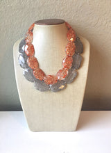 Load image into Gallery viewer, Orange & Gray Necklace, multi strand jewelry, big beaded chunky statement necklace, orange necklace, bridesmaid necklace, gray necklace