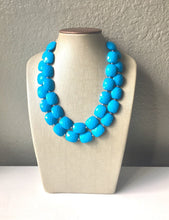 Load image into Gallery viewer, Blue Statement jewelry set, Chunky Beaded Necklace, blue Jewelry, blue Necklace, blue beaded necklace, blue earrings, blue bracelet, dress