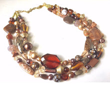 Load image into Gallery viewer, Chocolate Dream, Shades of Brown statement necklace, chunky brown bib necklace, beaded triple strand jewelry, brown bridesmaid wedding jewel