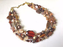 Load image into Gallery viewer, Chocolate Dream, Shades of Brown statement necklace, chunky brown bib necklace, beaded triple strand jewelry, brown bridesmaid wedding jewel