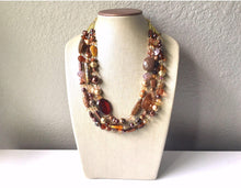 Load image into Gallery viewer, Chocolate Dream, Shades of Brown statement necklace, chunky brown bib necklace, beaded triple strand jewelry, brown bridesmaid wedding jewel