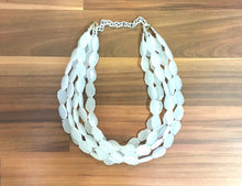 Load image into Gallery viewer, 5 Layer White statement necklace with silver accents, bib jewelry cloudy white necklace, white jewelry, white beaded necklace, chunky white