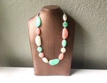 Load image into Gallery viewer, Long Peach Mint Cream Statement Necklace, Chunky Beaded Necklace, Mint Green Jewelry, long necklace, green Necklace, peach beaded jewelry