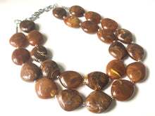 Load image into Gallery viewer, Hot Chocolate Brown Chunky Statement Necklace, Big beaded jewelry, Double Strand Statement Necklace, Bib brown bridesmaid wedding praline