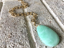 Load image into Gallery viewer, Light Green Pendant Necklace, Your Choice Gold OR Silver Chain, Your choice of length, Long acrylic teardrop jewelry, green necklace jewelry